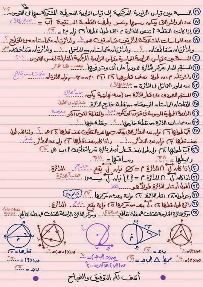 مراجعة مجاب عنها هامة جداً هندسه الصف الثالث الاعدادي الترم الثاني على الدائره