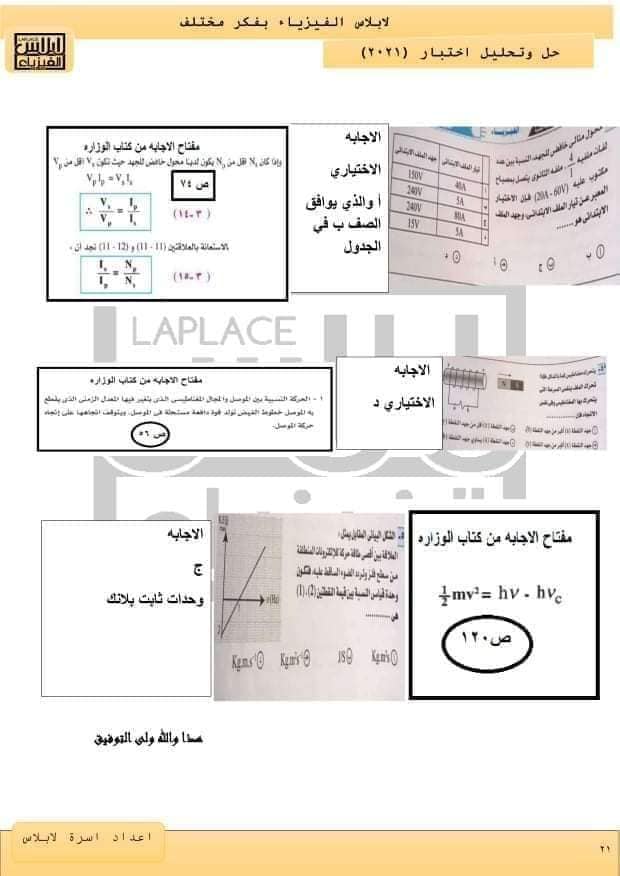 نموذج امتحان الفيزياء للعام 2021 الصف الثالث الثانوي مع الاجابات النموذجيه