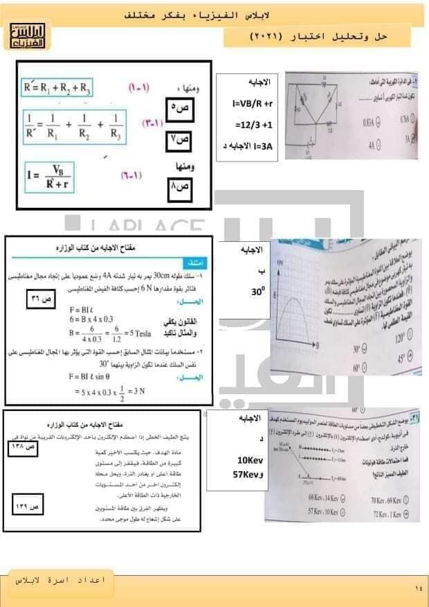 نموذج امتحان الفيزياء للعام 2021 الصف الثالث الثانوي مع الاجابات النموذجيه