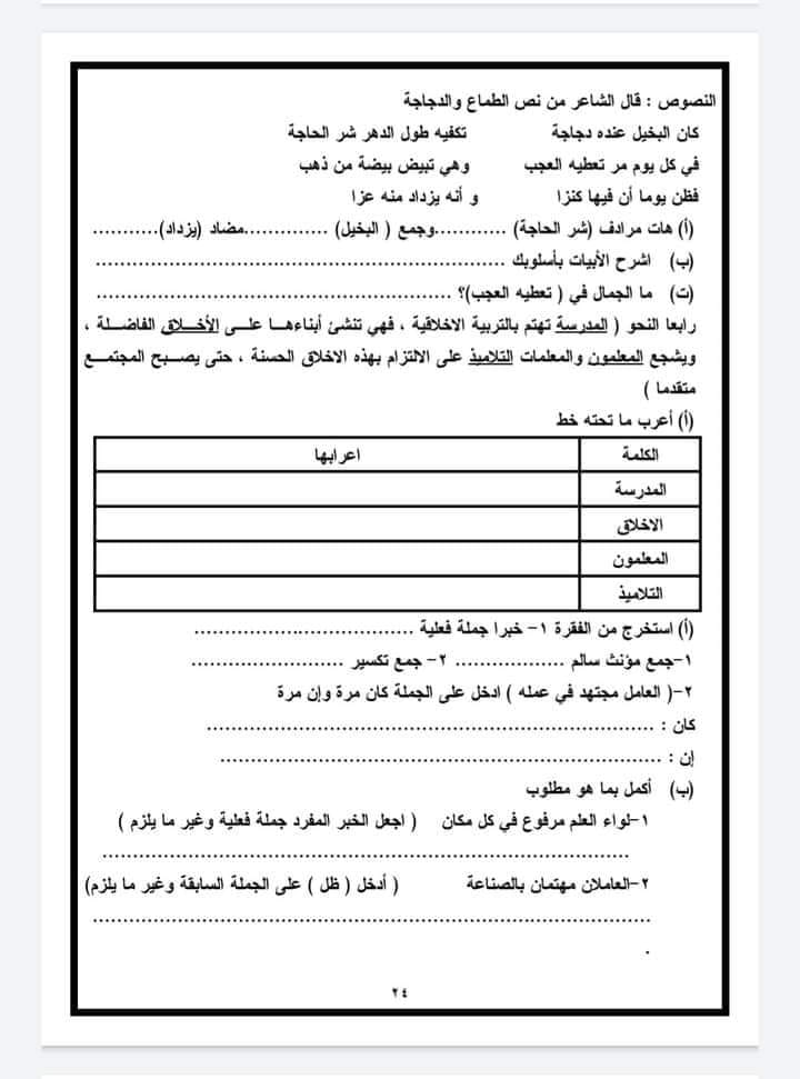 مراجعة لغة عربية -الصف السادس الابتدائي الترم الاول