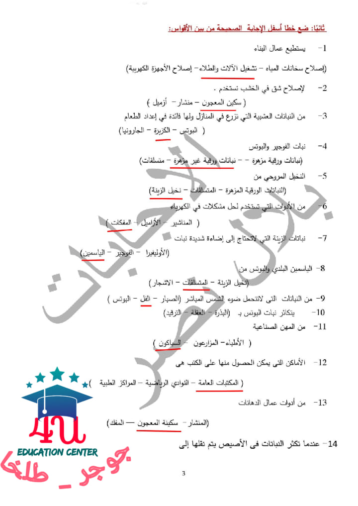 مقرر اختبارات شهر أكتوبر..الصف الرابع  مهارات مهنية - نماذج الوزارة -الفصل الدراسي الأول 2023