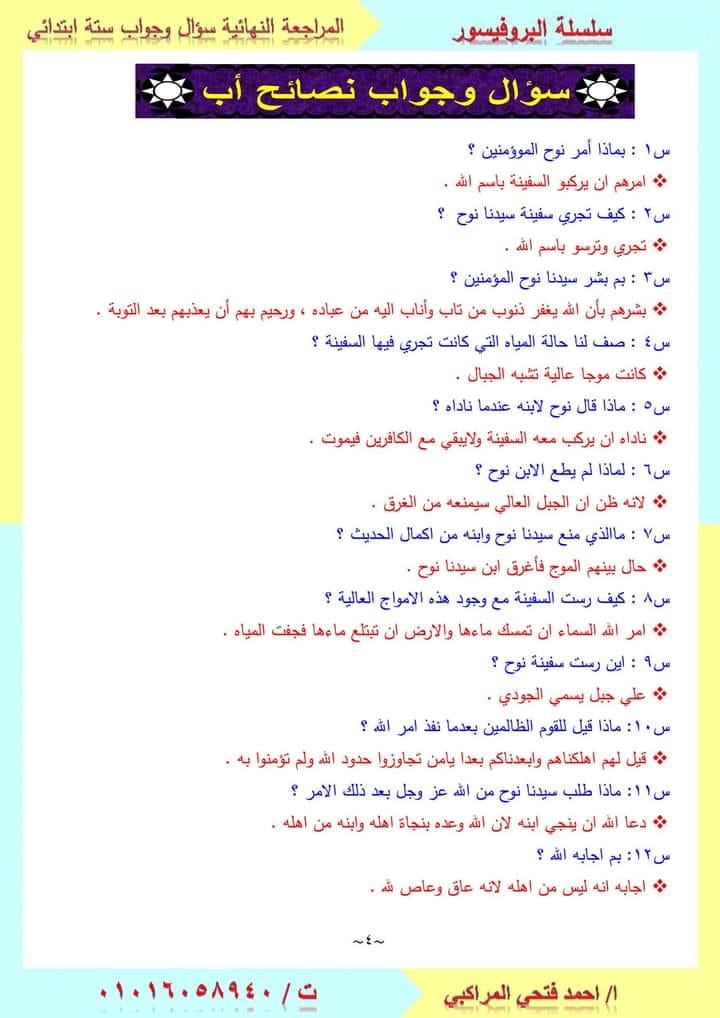 المراجعة النهائية الوحدة الاولي لغة عربية سؤال وجواب للصف السادس الابتدائي- الفصل الدراسي الأول