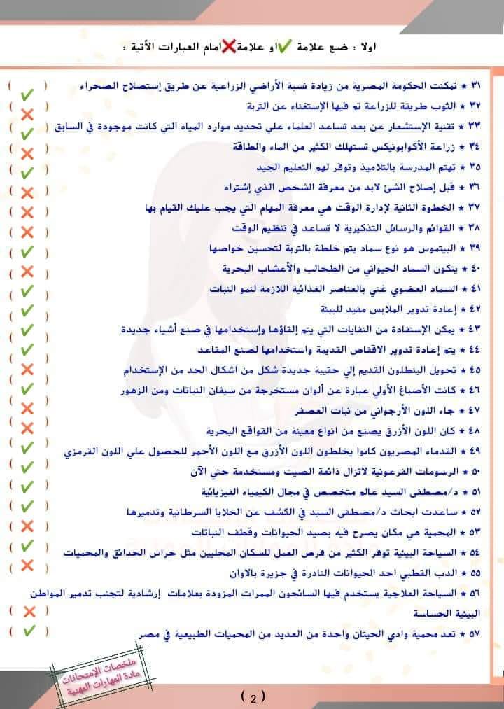 مراجعة هامة علي المنهج  ( س وج ) بالاجابات  لمادة المهارات المهنية الترم الأول الصف الخامس الإبتدائي 2023