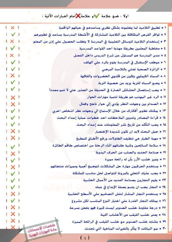 مراجعة هامة علي المنهج  ( س وج ) بالاجابات  لمادة المهارات المهنية الترم الأول الصف الخامس الإبتدائي 2023