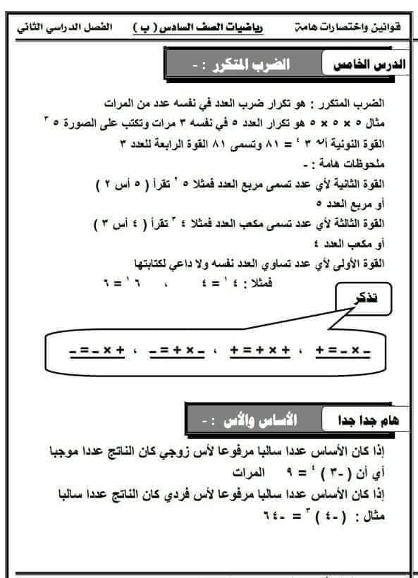 كل قوانين رياضيات الصف السادس الابتدائي ترم تاني 2023